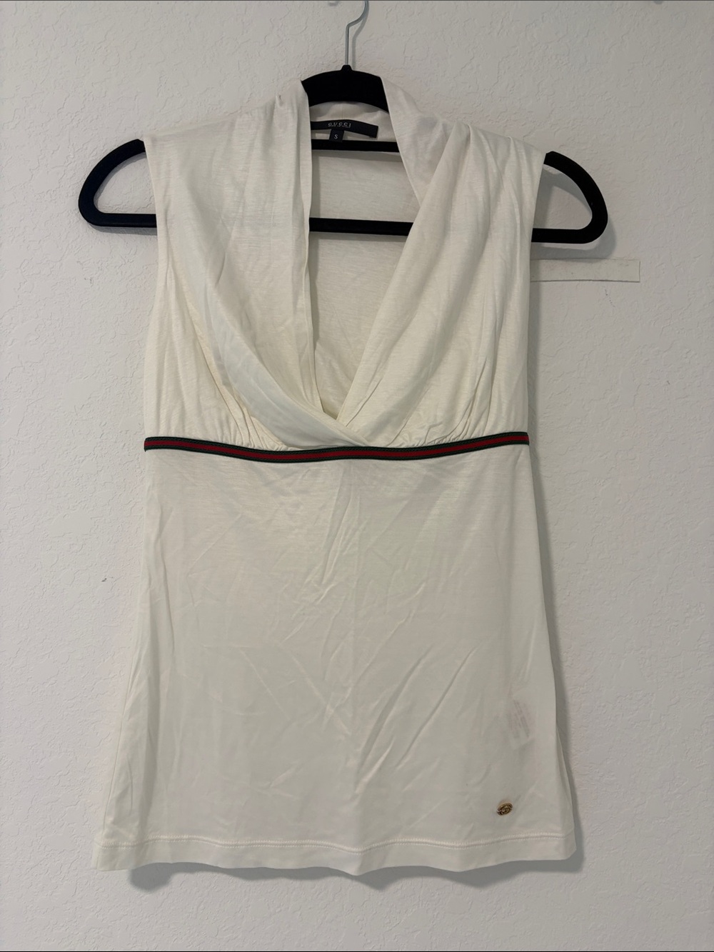 Gucci White Sleeveless Draped V-Neck Top with Red and Black Waist Band